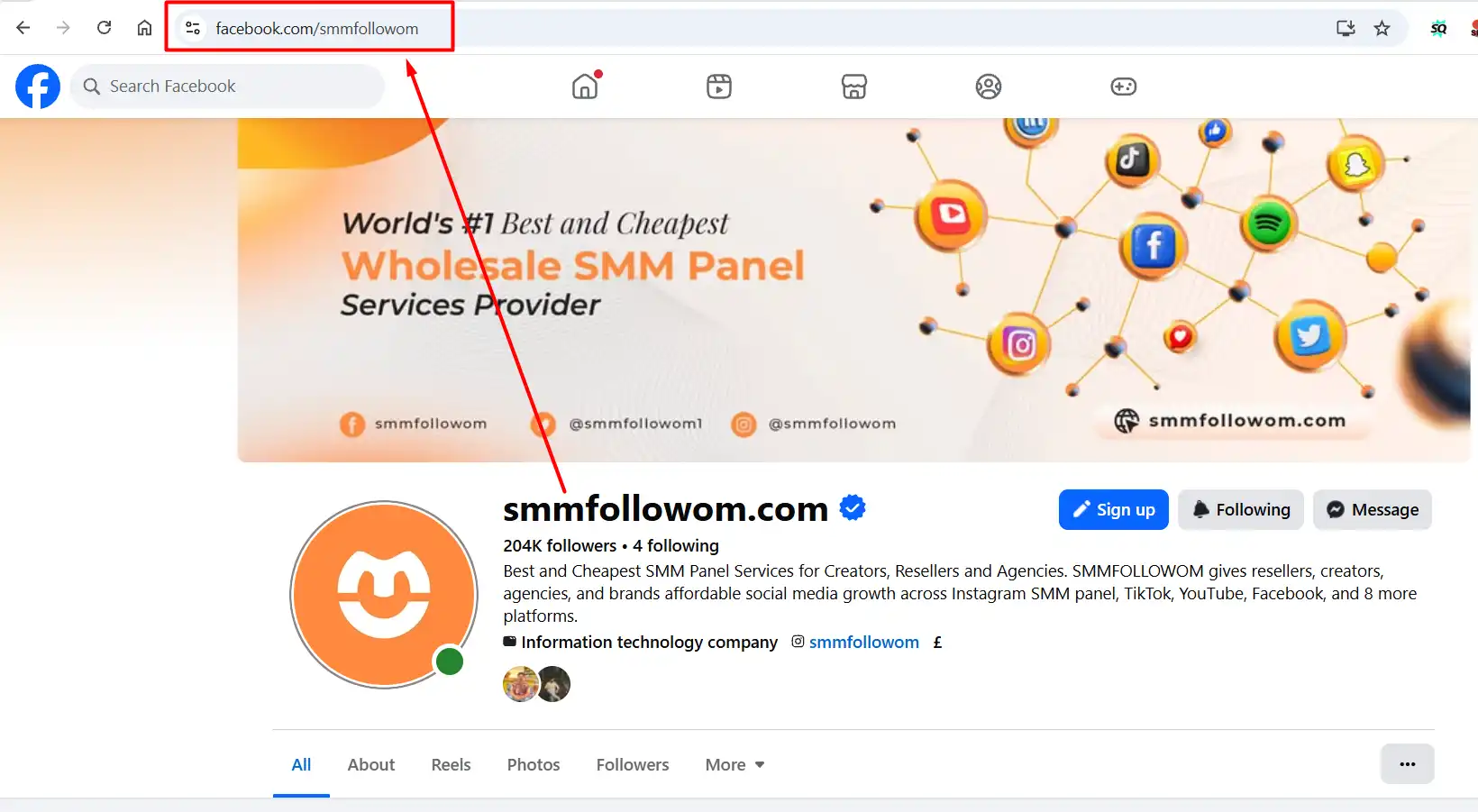Smmfollowom-Facebook-Business-Page-displaying-its-profile,-cover-photo,-username-URL,-follower-count,-and-social-media-branding..webp