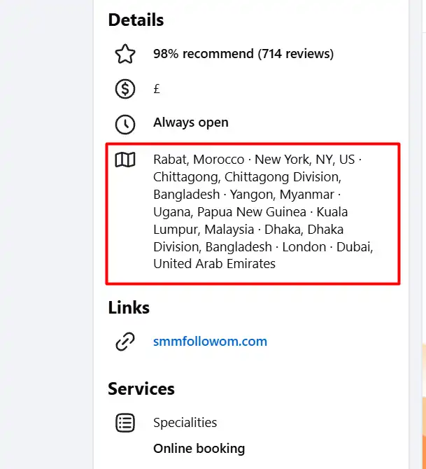 Smmfollowom-Facebook-Page-details-showing-business-locations-in-Bangladesh-and-worldwide,-website-link,-and-service-information..webp